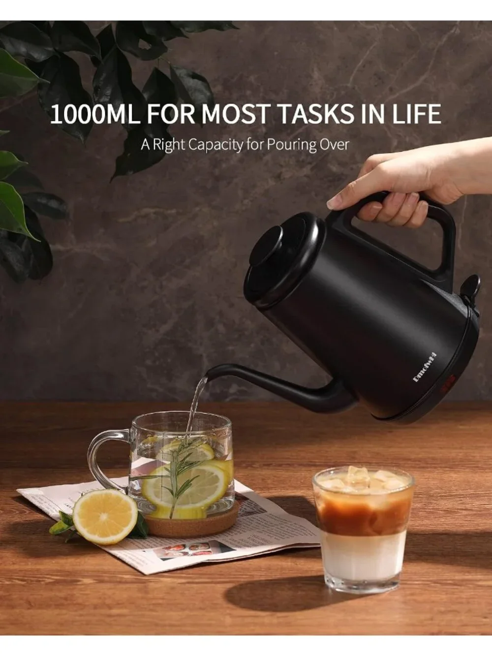 1.0L Matte Black Gooseneck Electric Kitchen Kettles Stainless Steel BPA Free
